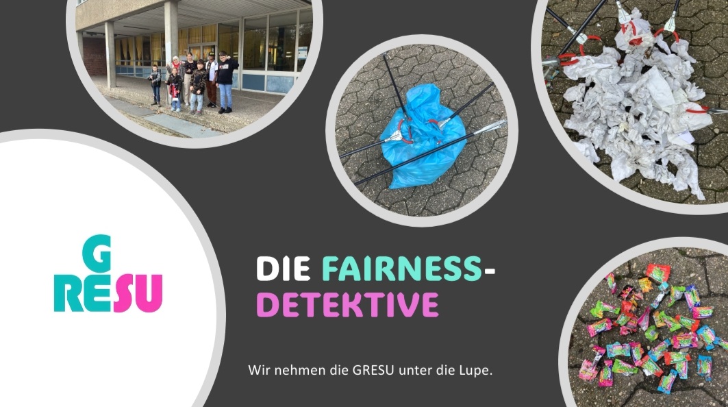 Das Bild zeigt die Schüler*innen-Gruppe der Fairness-Detektive, und nach Verpackungsart sortierter Müll vor dem Schul-Kiosk auf dem Schulhof.